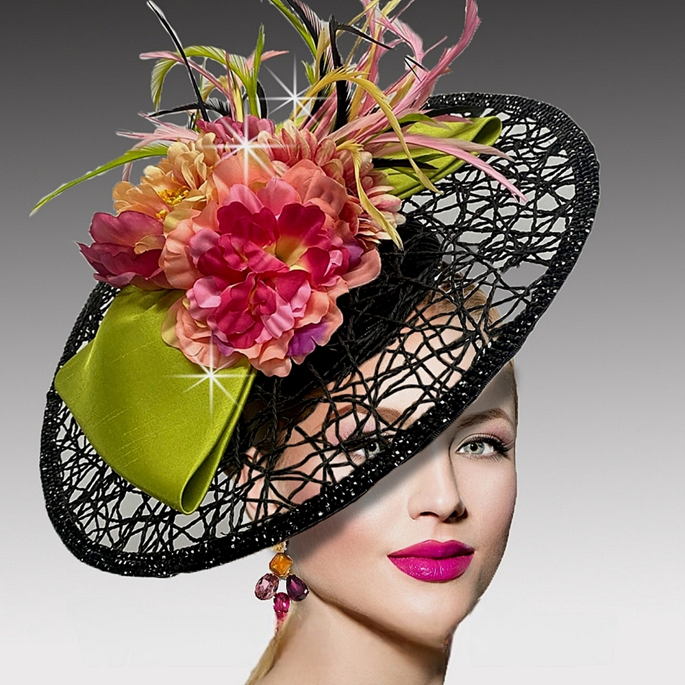 Elegant Black Pink Satin Bow Flowers Feathers Jeweled Fascinator Derby T…
